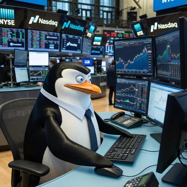 Rico the penguin in a shirt and tie working at a Wall Street trading desk surrounded by charts
